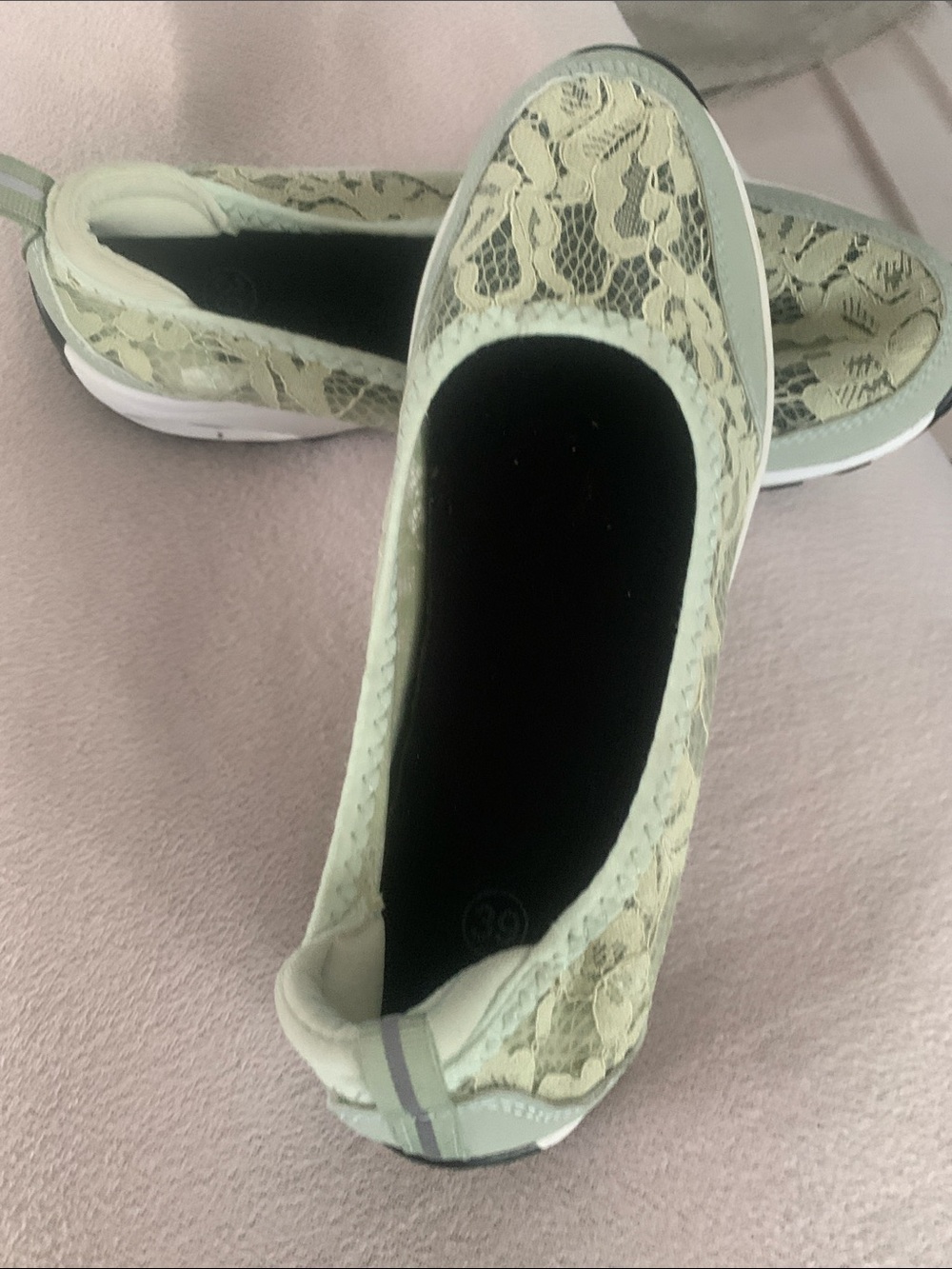 Lace-Overlay Slip-On Flats in Pale Green